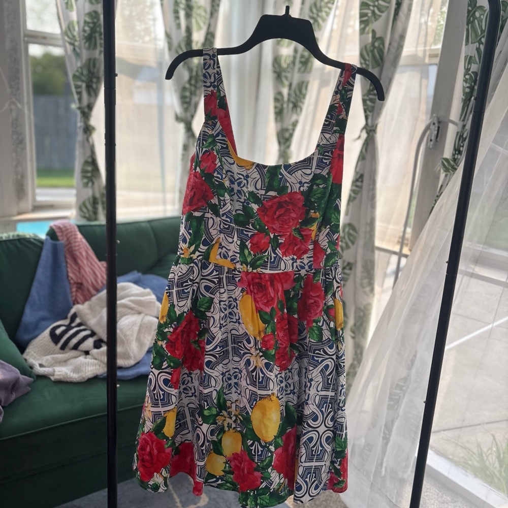 New York & Company Red and Yellow Floral and lemon Dress
